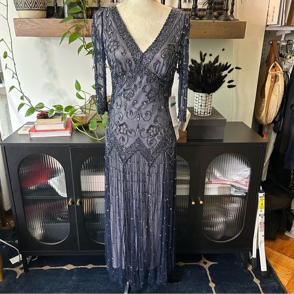 NWT Pissaro Nights Navy Midi Beaded Dress - Picture 2 of 13